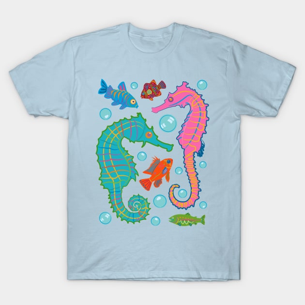 Seahorses and Fish Swimming in an Ocean of Bubbles T-Shirt by evisionarts